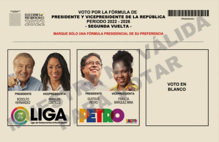 Tarjetón electoral de la segunda vuelta en las elecciones Colombia 2022